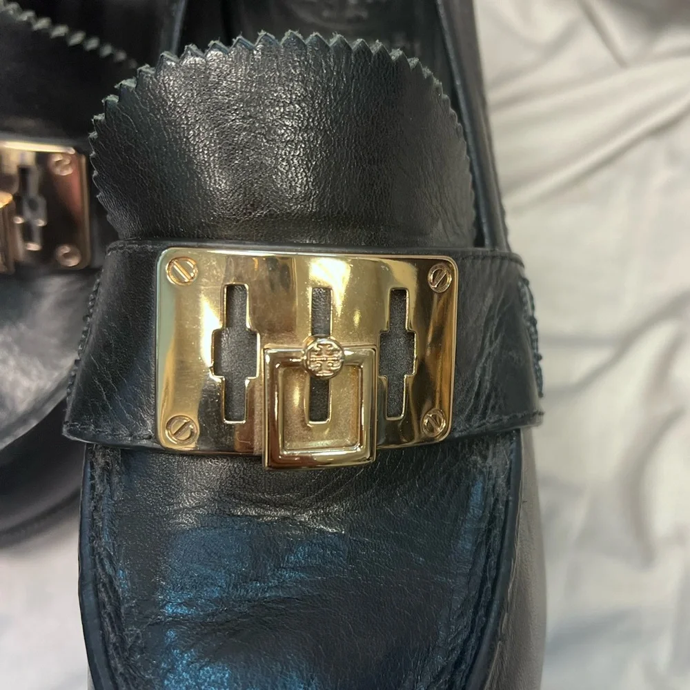 Tory Burch Black Leather Block Heel Loafers with Gold Accent